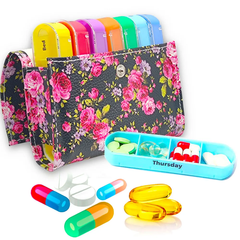 Daily Pill Box 7 Days Weekly Plastic Waterproof Wallet Rose Pattern Medicine Holder Organizer Splitter Portable Container