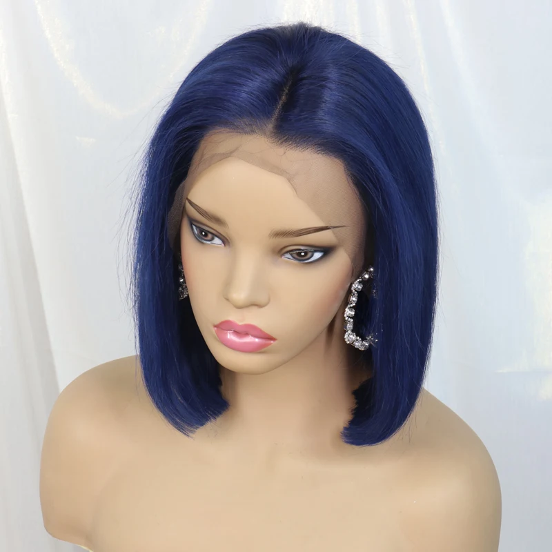 Lace Closure Wig For Women Straight Short Bob Lace Front Wig Dark Blue Lace Front Human Hair Wigs Brazilian Remy Pre Plucked