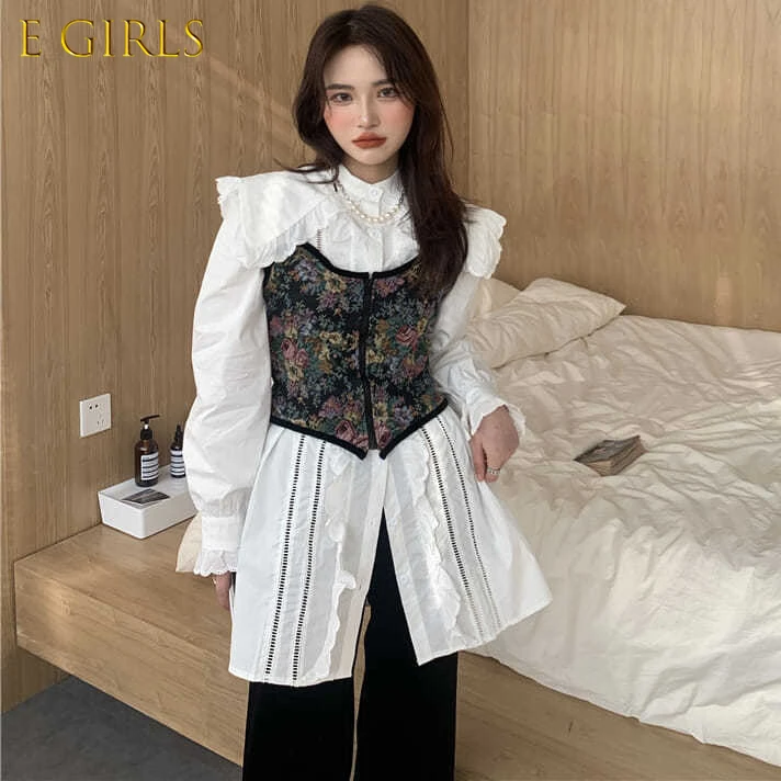 E GIRLS Sets Women Shirts and Camis Printing Lace Design Vintage Chic Folds Petal Sleeve Spring Fall Daily Turn-down Girls