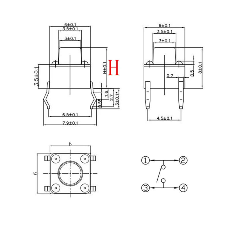 50Pcs 6x6mm Panel PCB Momentary Tactile Tact Mini Push Button Switch 6x6x4.3/5/6/7/8/9/10/11/12/13mm
