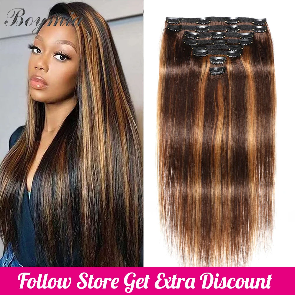 Clip In Hair Extensions Human Hair Brazilian Straight Clip In 8 Pcs/Set Piano Color P4-27 Clip Ins Highlight Hair 24Inch 120G