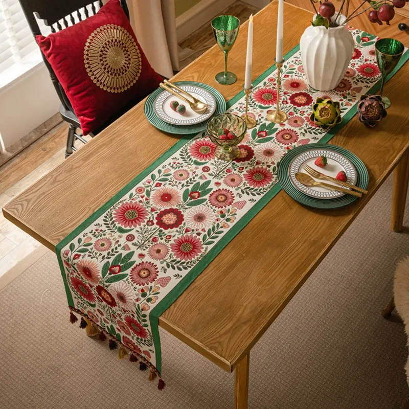Жаккардовая дорожка для стола в стиле ретро с кисточками вышивка подсолнечника