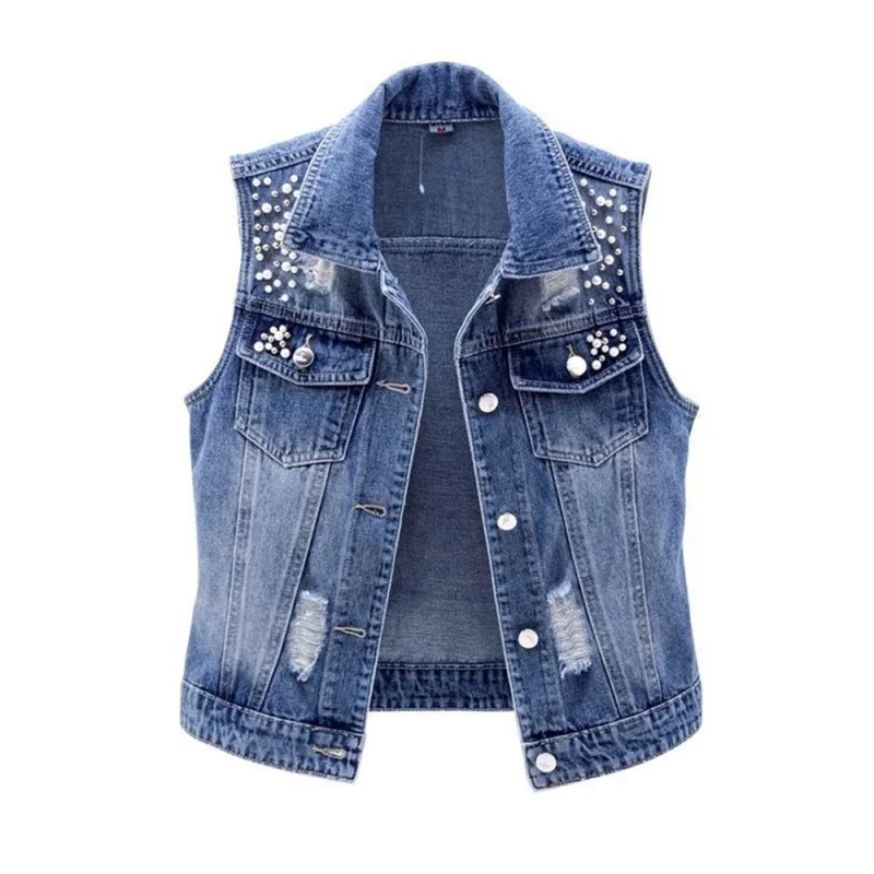 

New Denim Women Vest Luxury Pearls Fashion Ripped Autumn Jeans Jacket Sleeveless Loose Short Coat Causal Waistcoats 5XL