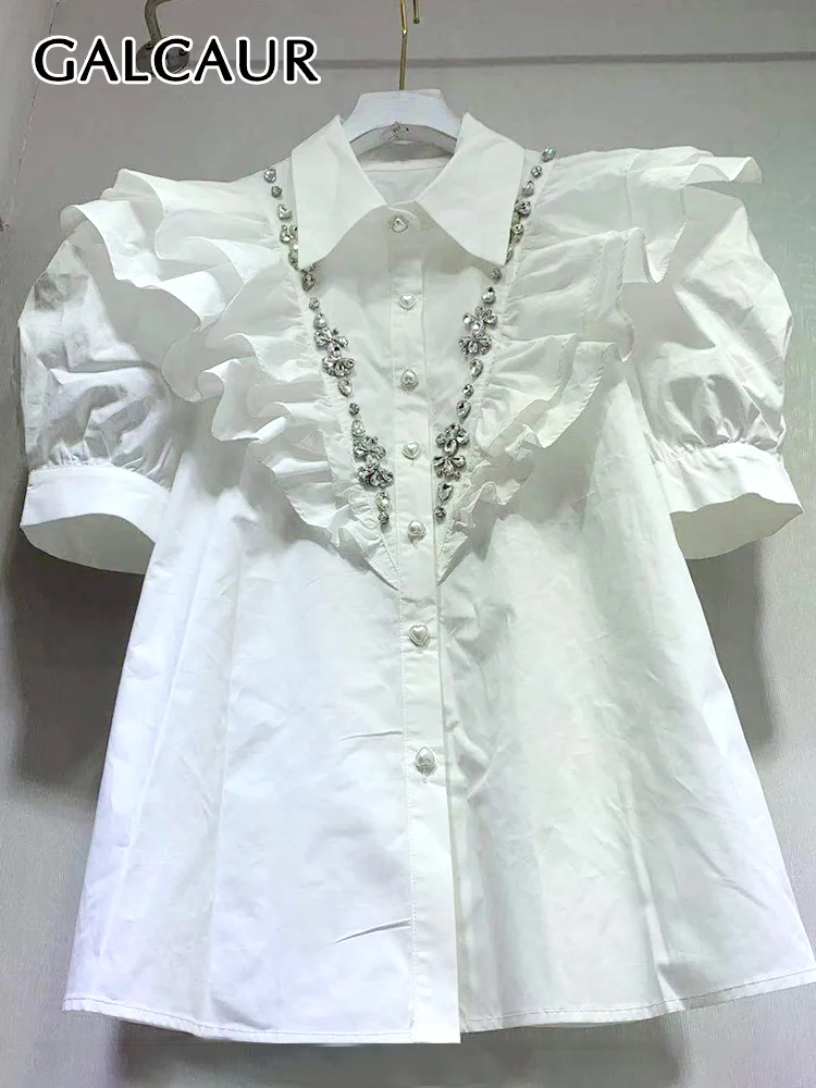 

GALCAUR Patchwork Diamonds Shirts For Women Lapel Puff Short Sleeve Ruffles Slim White Blouses Female Spring 2022 Clothing Style