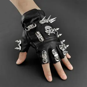 vogueteen Skull Studded Punk Rock Biker Driving Women's Leather Fingerless  Gloves One Size