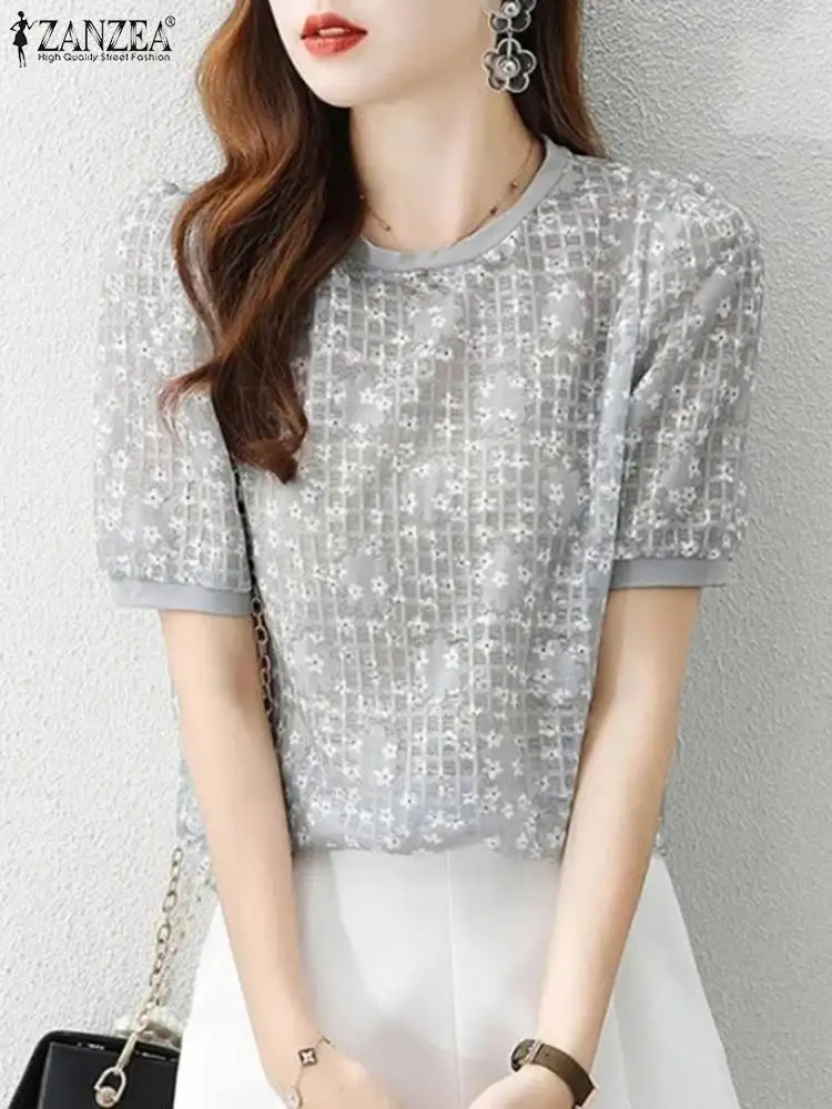 Женская летняя блузка с коротким рукавом и цветочным принтом