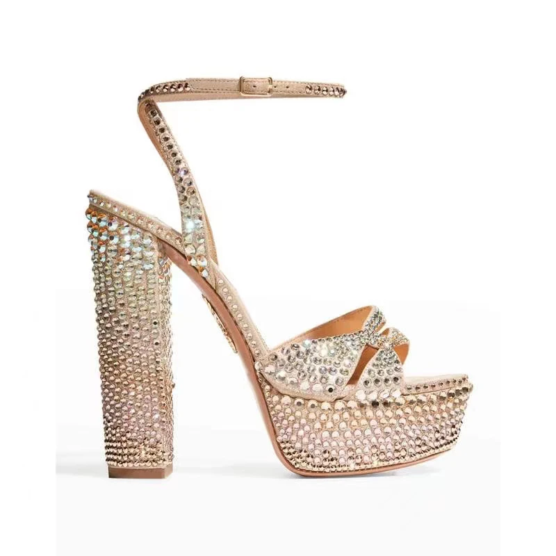 The new Summer 2022 European rhinestone high heels women's leather square heel buckle fashion shoes