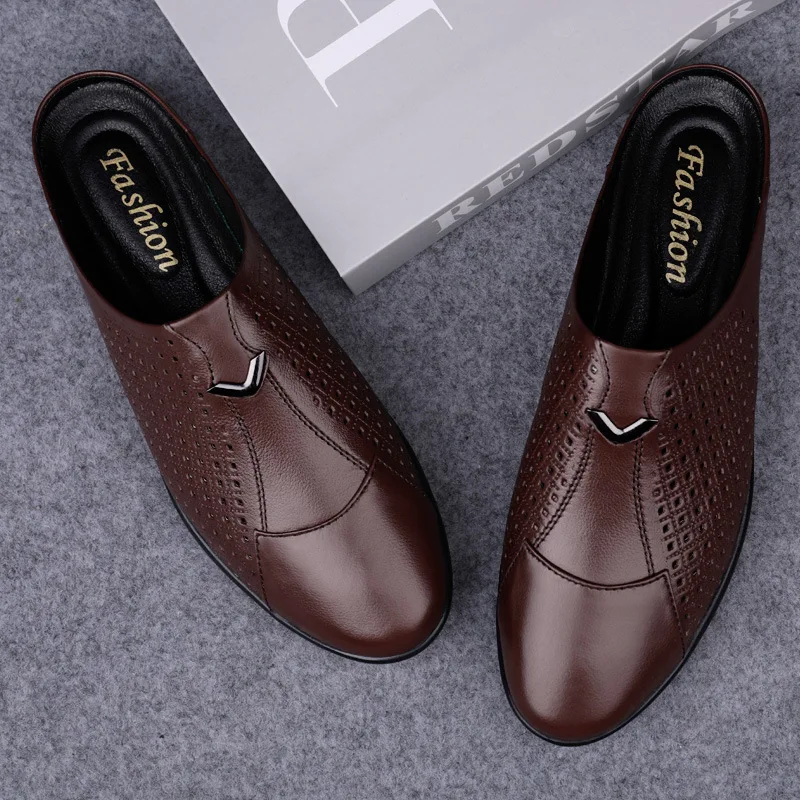 

Man Summer Fashion Cowhide Casual Mules Male Breathable Half Loafer Slippers Hombre Genuine Leather Hollow Flat Half Mocassins