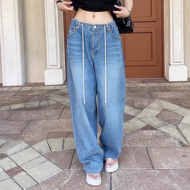 

SuperAen Korean Chic Style Autumn Retro High Waisted Washed Blue Drawstring Long Denim Jeans for Women