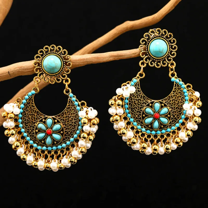 

Ethnic Bohemian Turquoise Earrings Hollow Out Carved Flower Antique Gold Pearl Bead Tassel Women Vintage Indian Bell Earrings