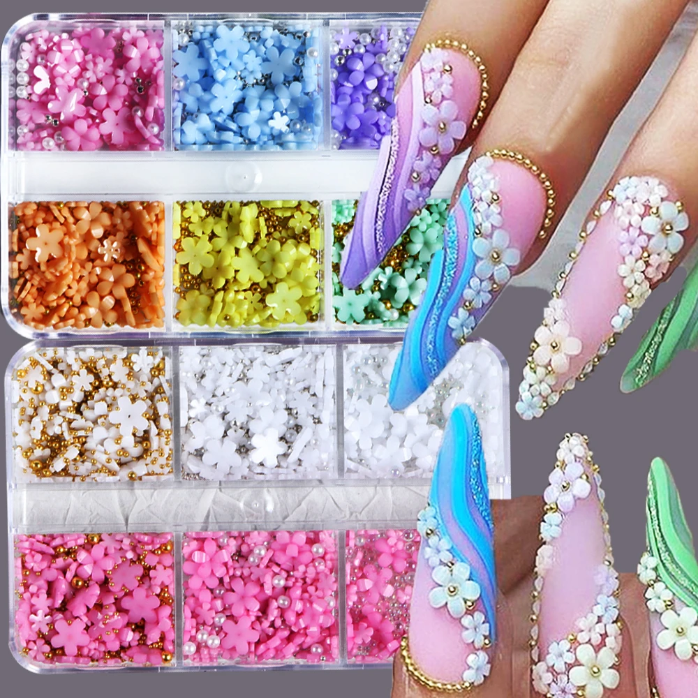 

White Pink Acrylic Flowers Nail Art Decoration 3D Resin Five-petals Flowers Nail Charms Gold/Silver Caviar Beads Flower Nail Par