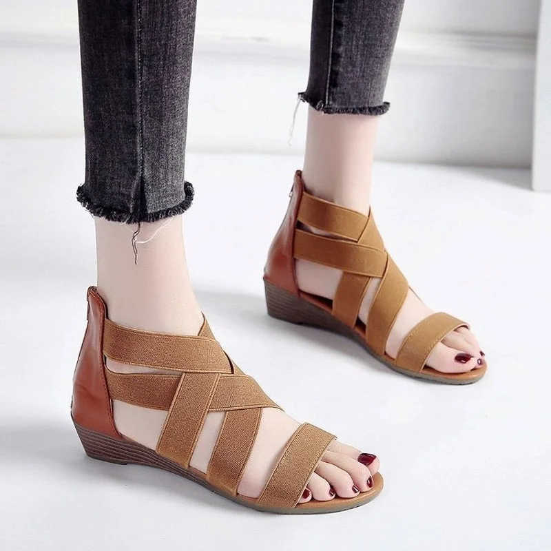 

Summer Ladies Rome Shoes Women Sandals Cross Elastic Strap Back Zipper Fashion Open Toe Low Heel Sandal For Girls Big Size Retro