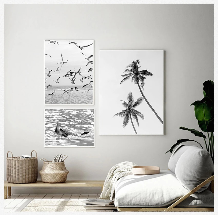 Print Beach Canvas Painting Surfing Coastal Decor for Living Room Surf Poster California Wall Art Black and White Ocean