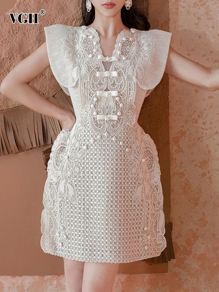

VGH Solid Spliced Bow Dresses For Women V Neck Flying Sleeve High Waist Embroidery Tunic Slim Mini Dress Female Summer Fashion