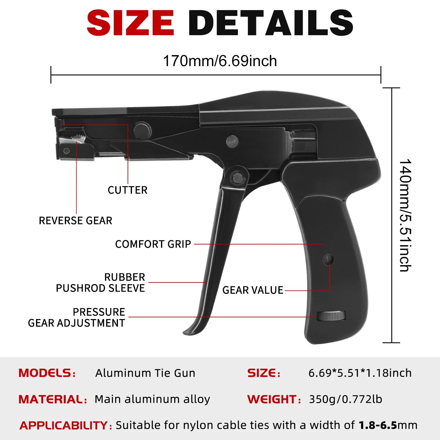 

Пистолет для кабельных стяжек из алюминиевого сплава, широкий диапазон 1,8-6,5 мм, инструмент для стяжек на молнии с крючком для нейлоновых ремней, ручной инструмент, плоскогубцы для связывания проволоки