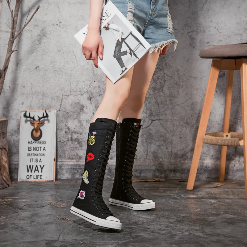 

New Women Shoes Spring Summer Women Canvas Boots Long Dance Shoes Flat Shoes Embroidery Comfortable Vulcanized Shoes Women Boots
