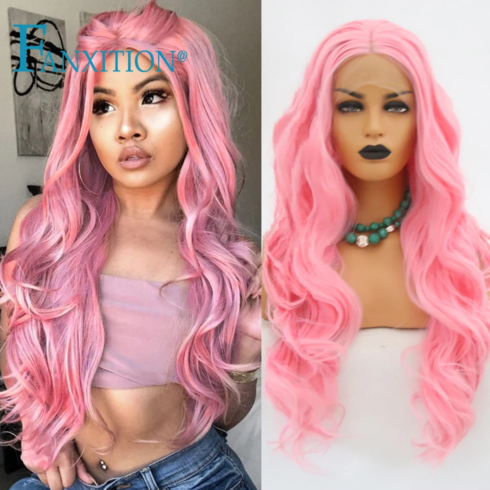 

FANXITION Synthetic Lace Front Wigs Heat Resistant Fiber Pink Body Wave Wigs With Natural Hairline Glueless Cosplay Lace Wigs