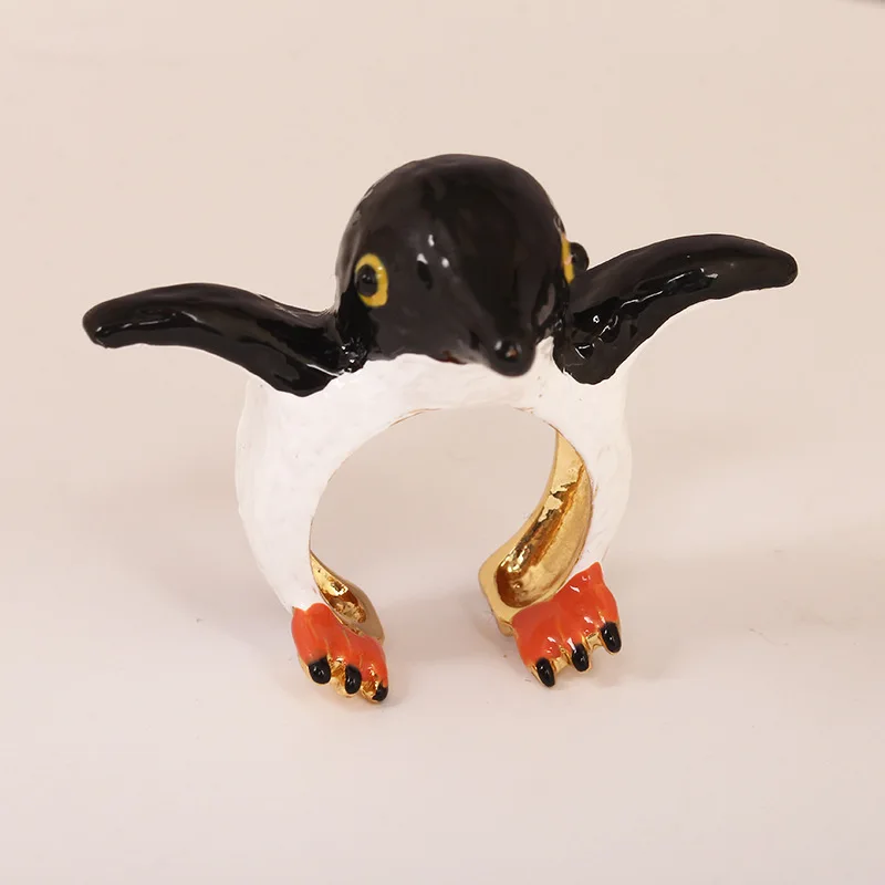 Золотая пингвинка - свободный размер, эмалированные женские кольца для девочек, милые прелестные глазурованные ручной работы, регулируемая пальчиковая бижутерия.