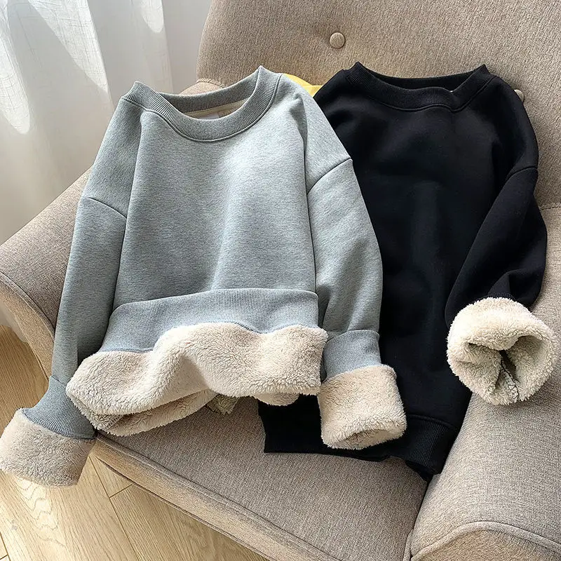 

Sweater 2022 New Thickened Plush Loose Fall Winter Solid Lamb Fleece Pullover Top Casual Sports Women's Color Multicolor Couple