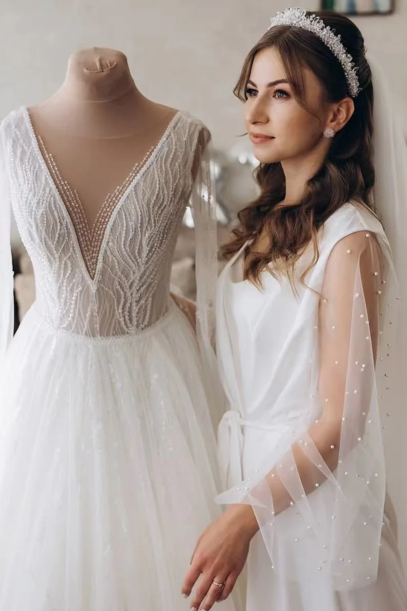 Pearl Robes For Bride And Ladies Summer Wedding Dress Sheer Sleeve White Bridal Silk Satin Pajamas Women's Luxury Bride to Be