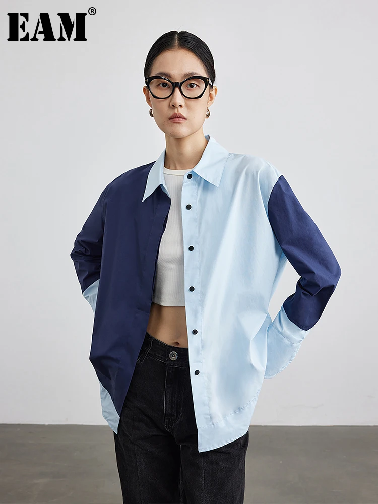 

[EAM] Women Blue Color-block Big Size Blouse New Lapel Long Sleeve Loose Fit Shirt Fashion Tide Spring Autumn 2022 1DF2610