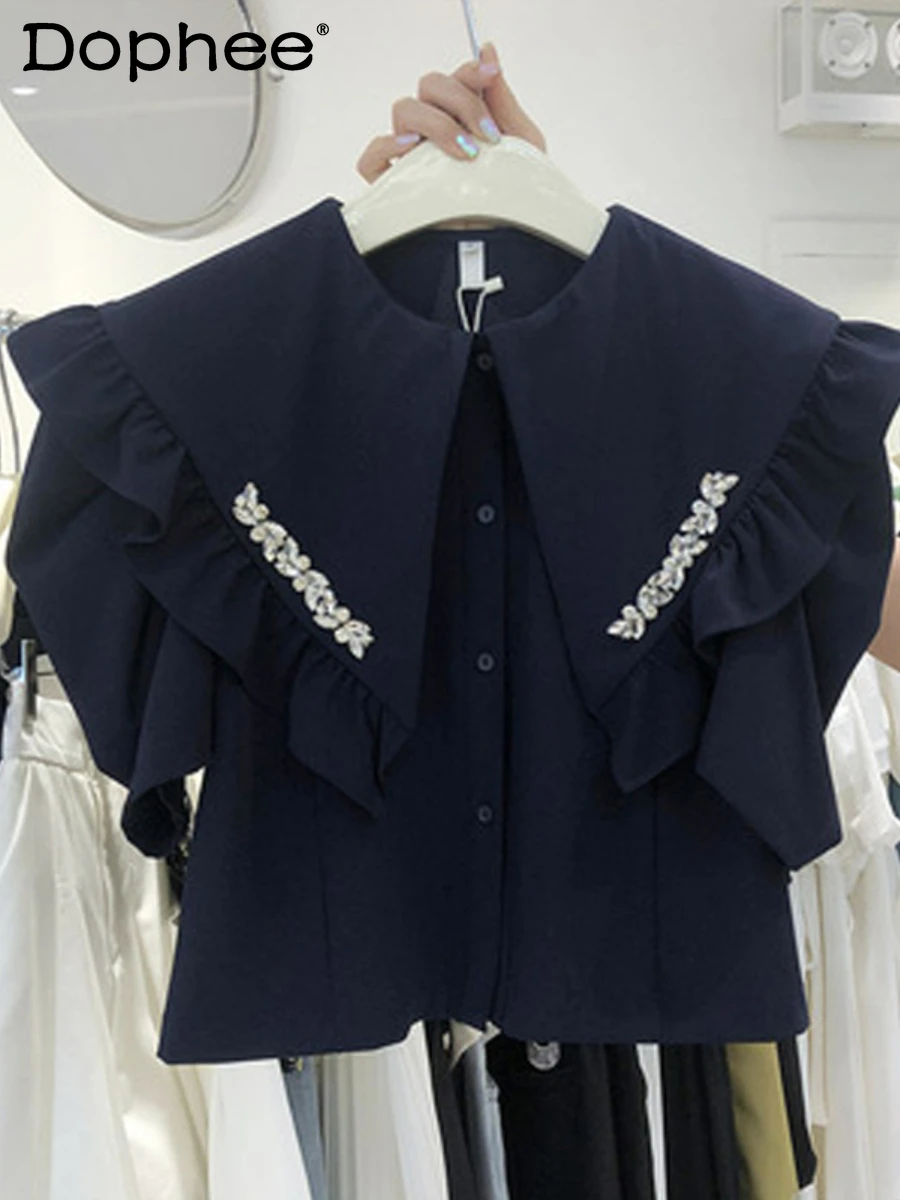

French Slimming Doll Collar Shirt Women Fashion Diamond Puff Sleeve Blouse Short Top Blusas Mujer De Moda 2022 Verano Elegante