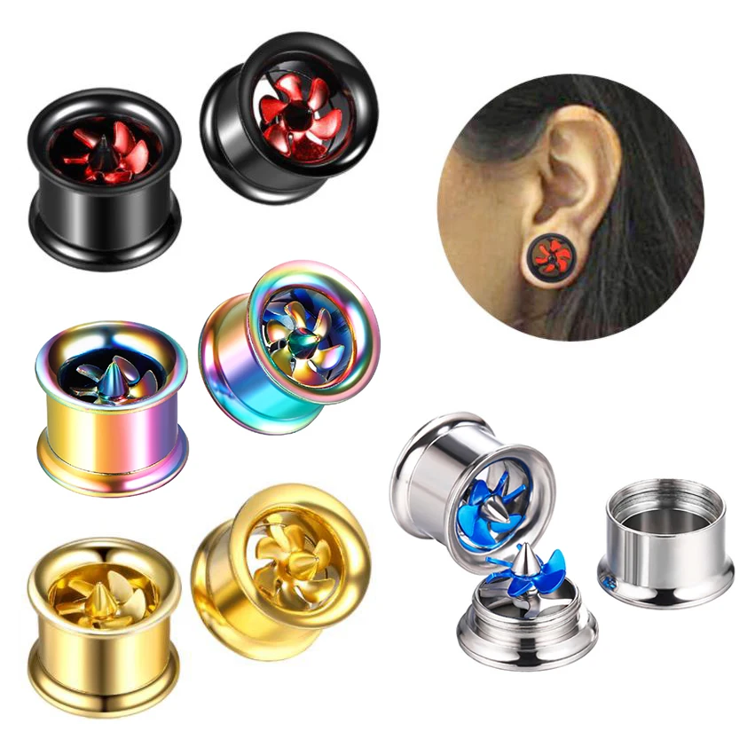 

OIMG 2Pcs Stainless Steel Round Plugs Ear Tunnels With Wind turbine Gauges Earrings Piercing Body Jewelry Flesh Expander Gift