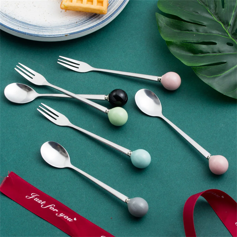 

Milk Coffee Spoon Colorful Ceramic Handle Spoons Long Handle Spoon Fork Round Macaroon Color Spoon Kitchen Dinnerware