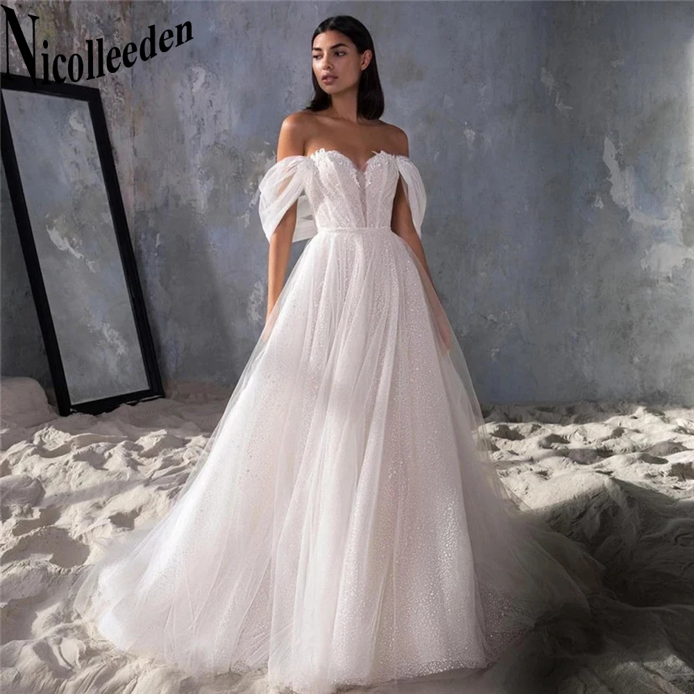 

Nicolle Fancy Cap Sleeves Sequins Sweetheart Lace Up Wedding Dresses For Bride Tulle Appliques Vestidos De Novia Customised