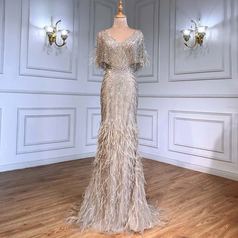 

Taupe V Neck Mermaid Beaded Noble Evening Gowns Champagne&Blue Color Women Elegant Formal Party Luxury Wear Dresses With Feather