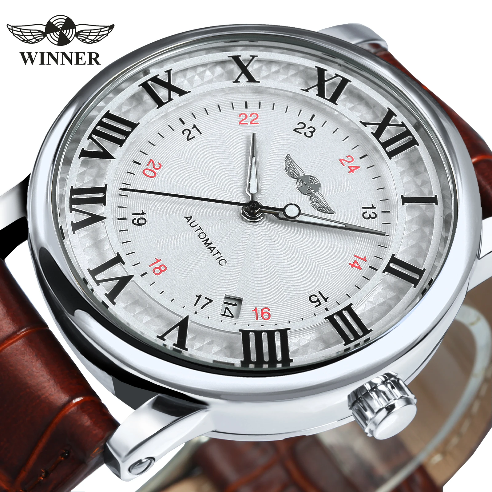 

WINNER Casual Automatic Mechanical Mens Watches Top Brand Luxury Leather Strap 24-Hour Dial Luminous Hands Calendar Male Clock