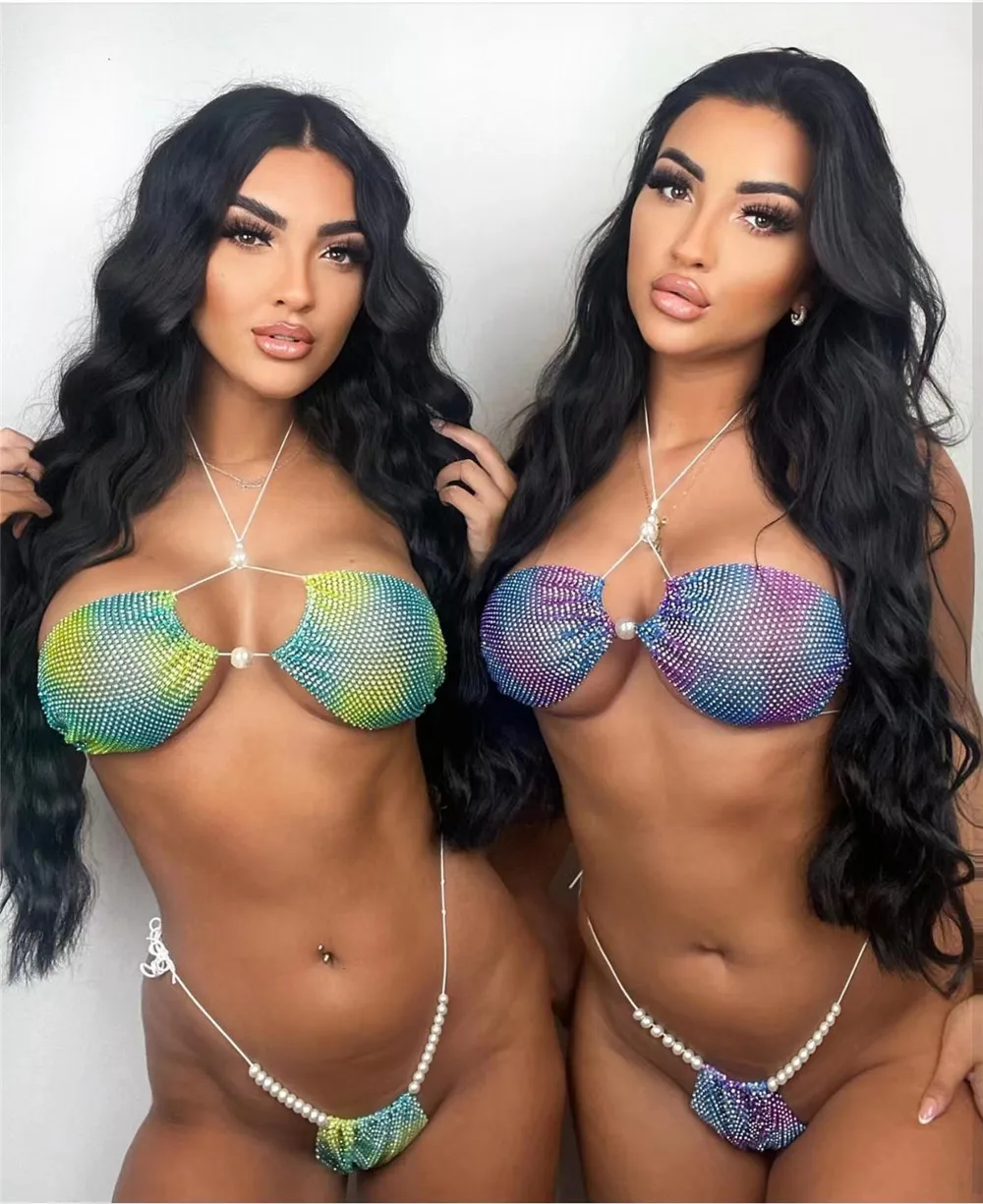 

Rhinestones Bikini Thong Set Fishnet Mesh Body Chain for Women Female Sexy Pearls Waist Chain Body Jewelry Summer Beach Wear