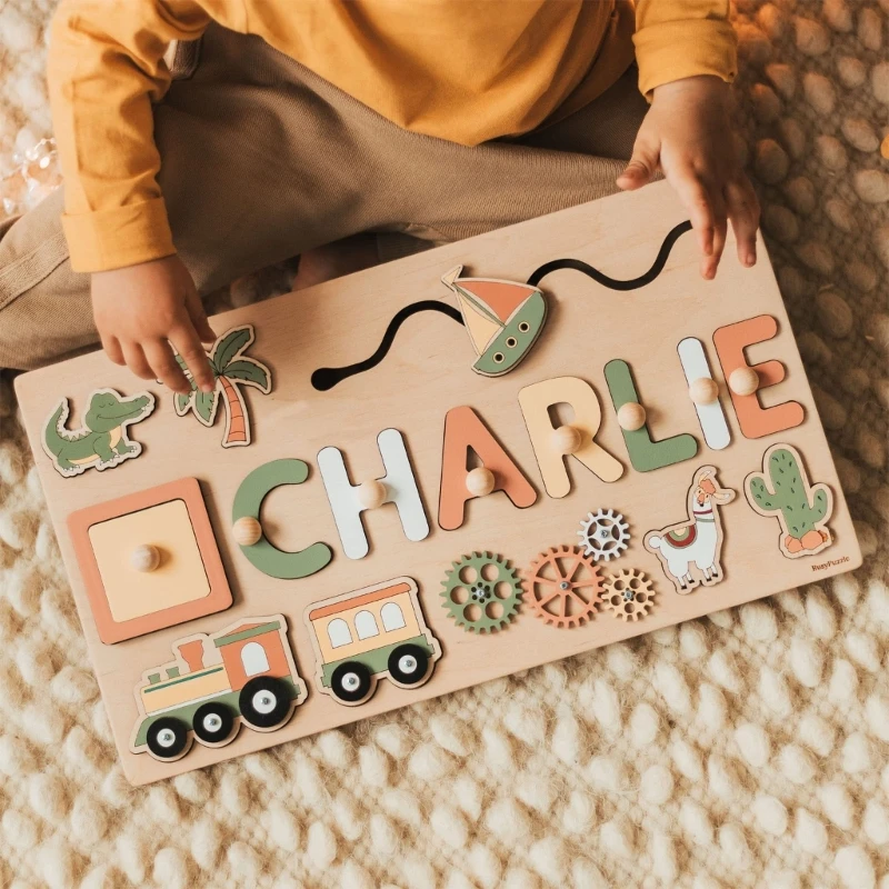 

Baby Name Puzzle Wooden Board Toy Learning-Tangram Toddler Brain Teaser Toy