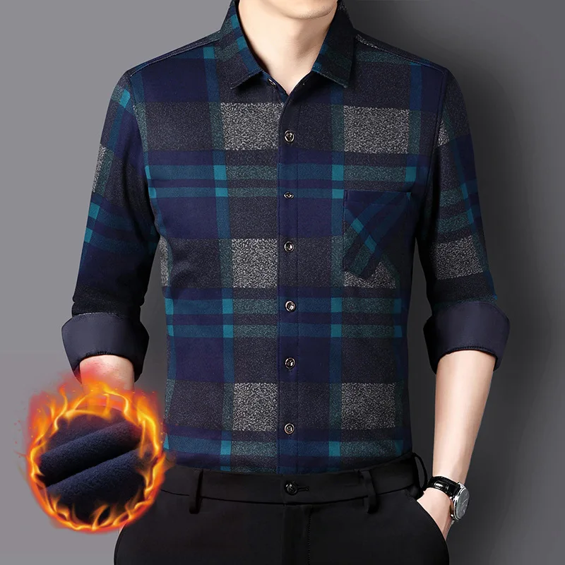 Plush Shirt Men's Long Sleeve Inch Shirt Middle Aged Business Dress Plush Thickened Casual Warm Shirt Winter 2022 Shirt Men