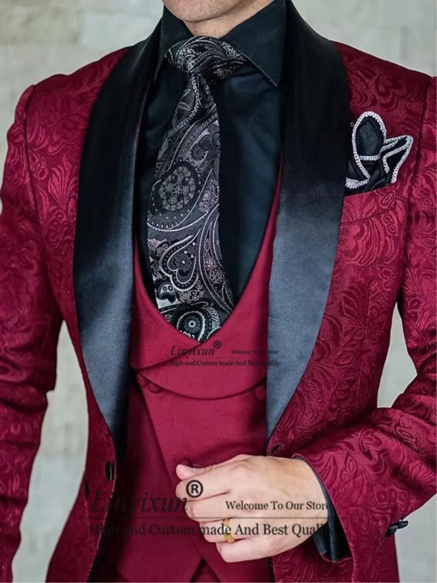 

2020 Tailor-Made Burgundy Wedding Men Suits Slim Fit Tuxedo 3 Pieces Suits Groom Prom Jacquard Blazer Terno Masculino Suits