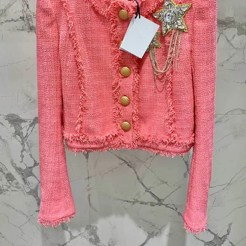 

Women New Solid Woolen Jacket Fashion Single Breasted Five Pointed Star Nail Bead Decoration Coat Runway O Collar Short Clothes
