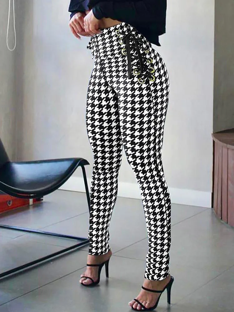 

Print Plaid Lady Slim Long Trousers Women Streetwear High Waist Pencil Pants Casual Patchwork Bandage Spring Autumn Skinny Pants