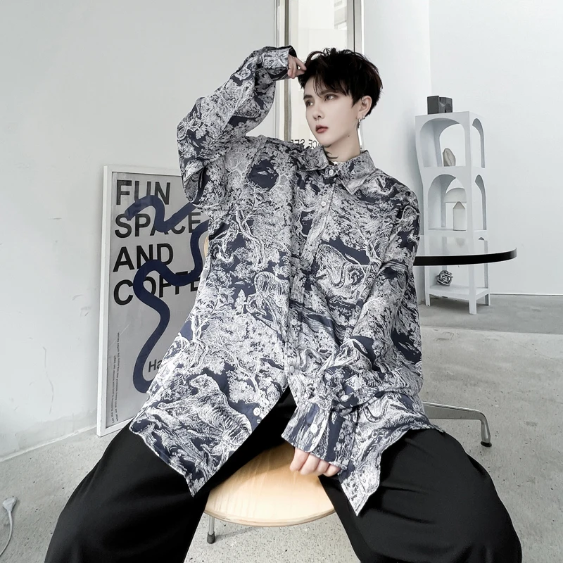 

Oversize Shirts Men Vintage Animal Print Loose Casual Long Sleeve Shirt Streetwear Fashion Hip Hop Dress Shirts for Man
