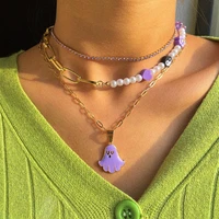 bohemia heart flower pearl purple ghost pendant necklace for women crystal tennis chain choker multilayer necklace trend jewelry