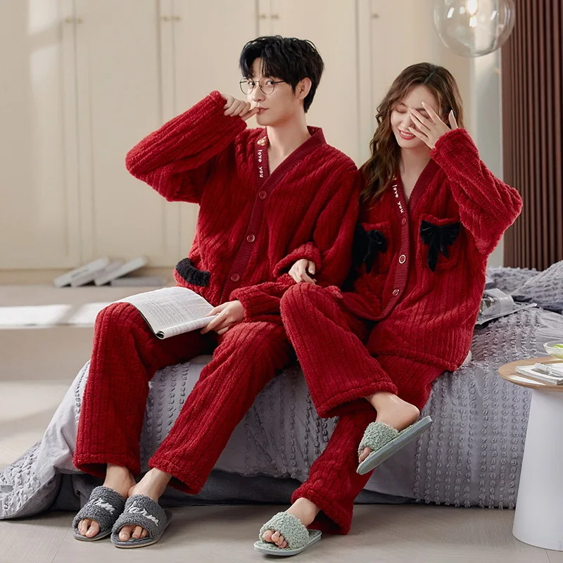 Yasuk Winter Fashion Women Men Casual Warm Soft Sleepwear Pajamas With Pant Velvet Fleecel Red Marry Couple Unisex Thick