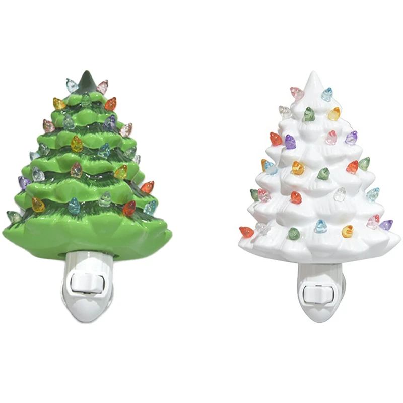 

1 PCS Christmas Night Light Xmas Tree 120V Hand Painted Ceramic Night Light Green US Plug
