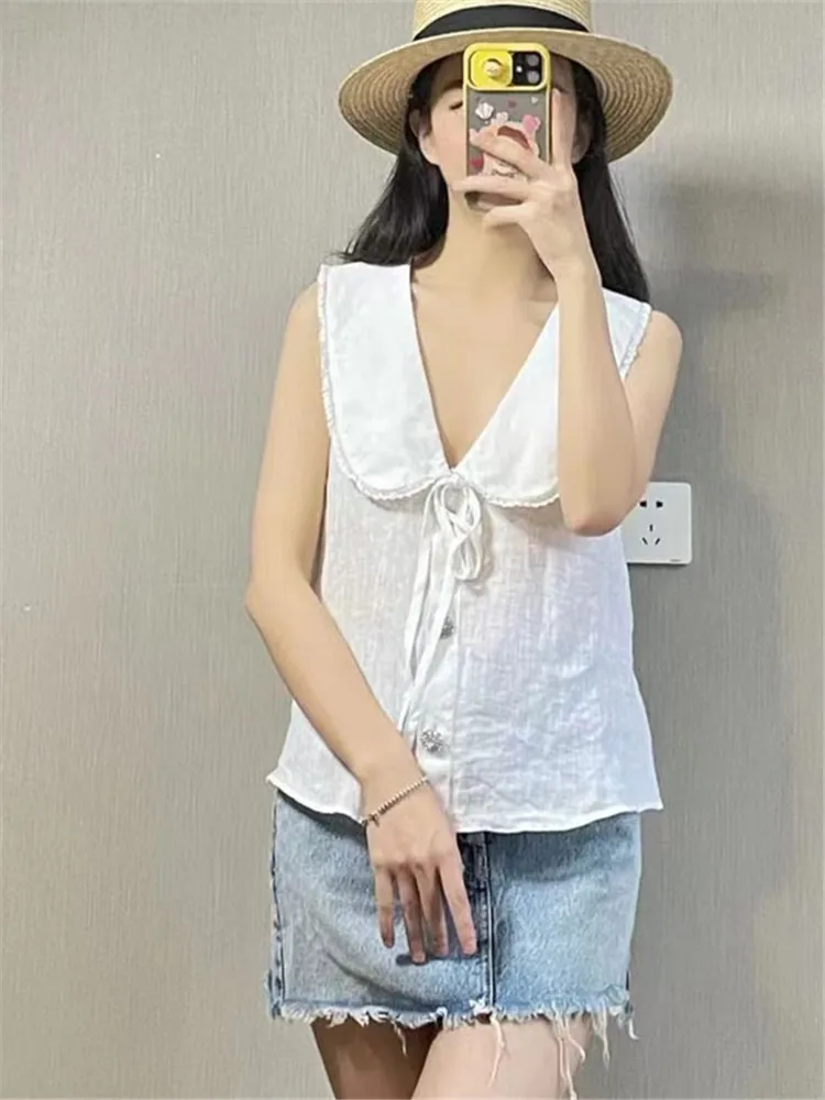 

Женский льняной Топ Без Рукавов PB & ZA, Белый Свободный Топ с воротником Челси и ювелирными пуговицами, 3464/270, 3464270