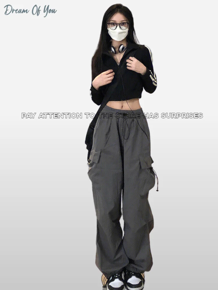 

Y2K женская уличная одежда Techwear карго корейский Харадзюку парашютные тренировочные брюки мужские технологичные спортивные брюки с широкими...