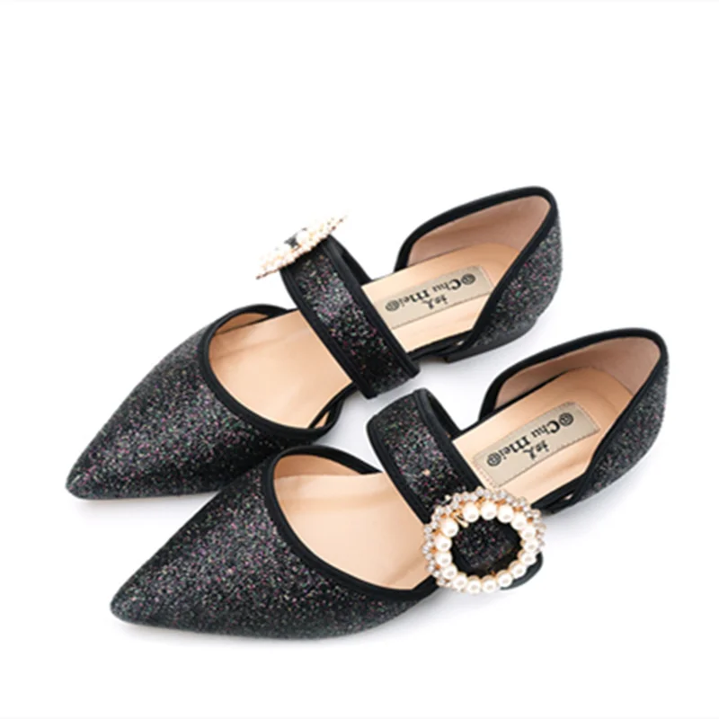 

Lady Silver Sequined Cloth Beading Damond Strap Flats Zapatillas Mujer New In Wide Fitting Footwear Pointy Toe Bling Pink Black