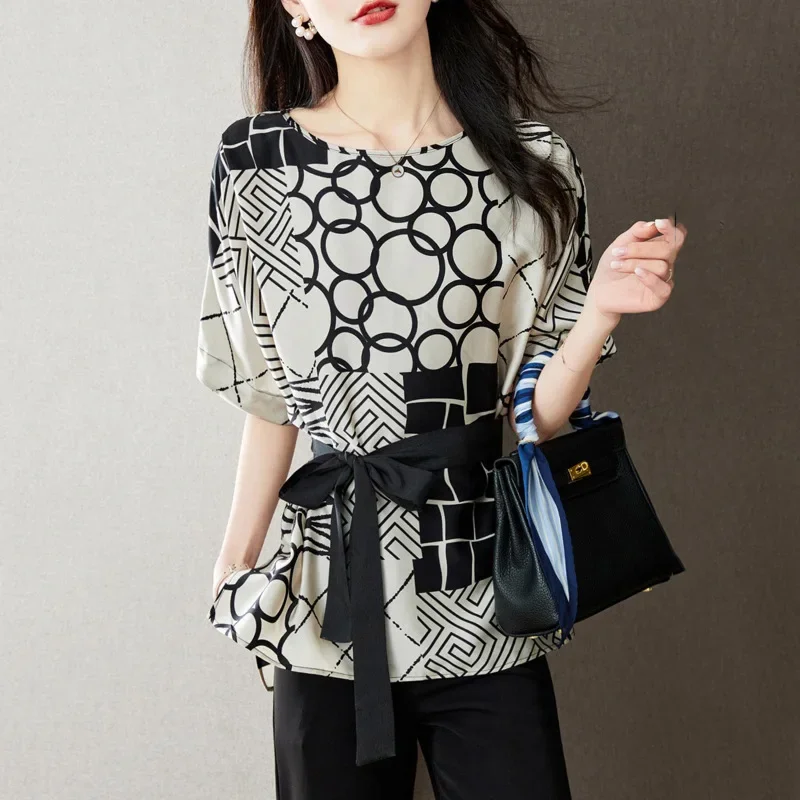 Лето 2024 новинка тонкий крой с рукавами летучая мышь свободный шифоновый топ