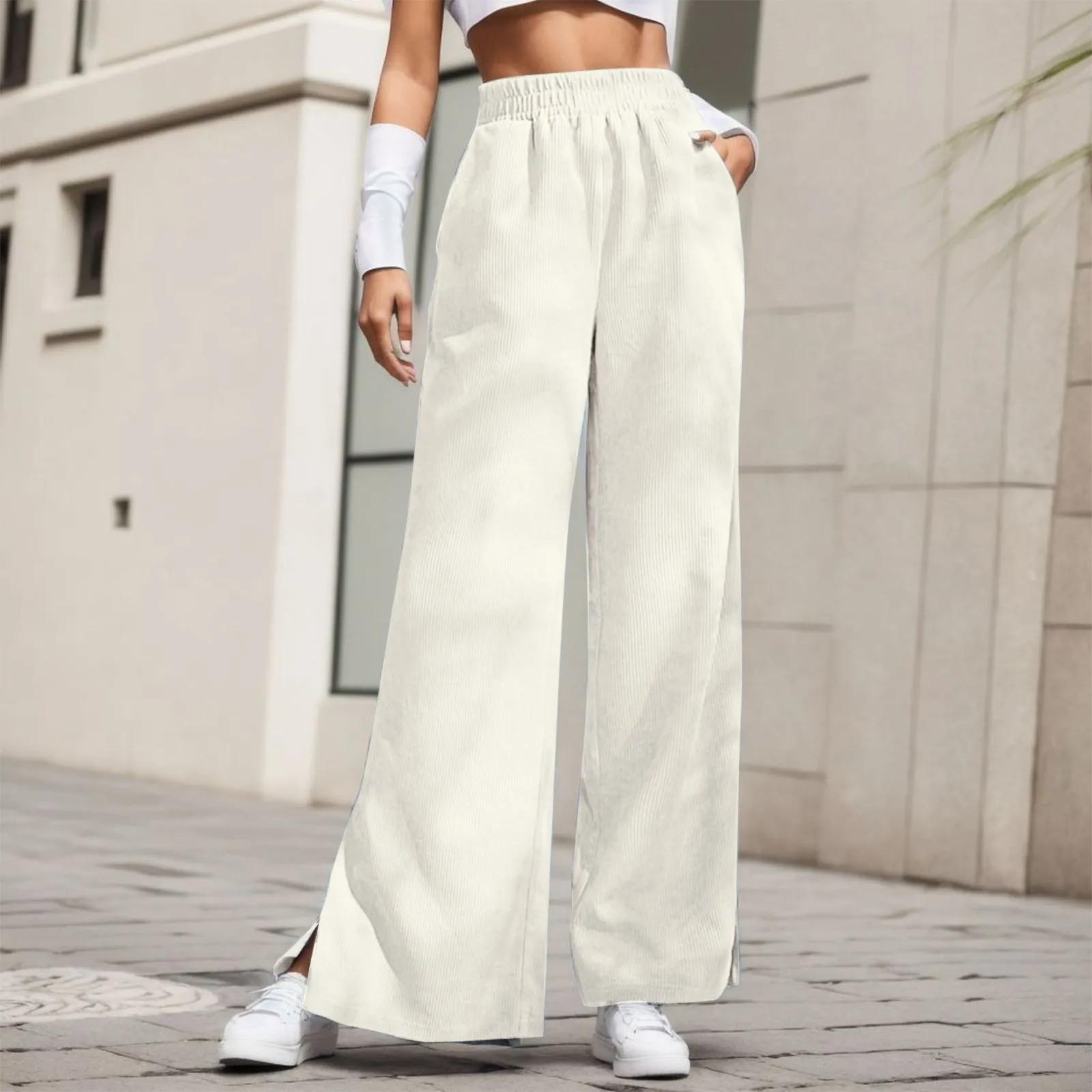 

Брюки женские вельветовые с высокой талией, шикарные повседневные однотонные расклешенные штаны с разрезом, уличная одежда, осень-зима