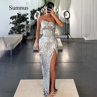 sliver sequined mermaid prom dress sleeveless strapless side slit party dresses 2022 luxury party gowns for women robe de soiree