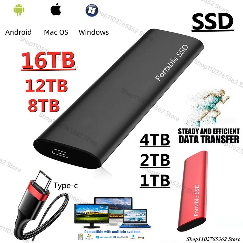 Portable 64TB SSD External Hard Drive Type-C USB 3.1 High Speed 16TB 8TB 4TB External Storage Hard Disks For Laptops/Windows/mac