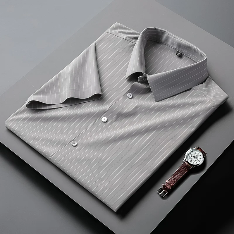 

2022 Men's Summer Fashion Striped Dress Shirts Short Sleeve Shirt Men's Business Casual Slim Shirts Male Ice Silk Shirt G103