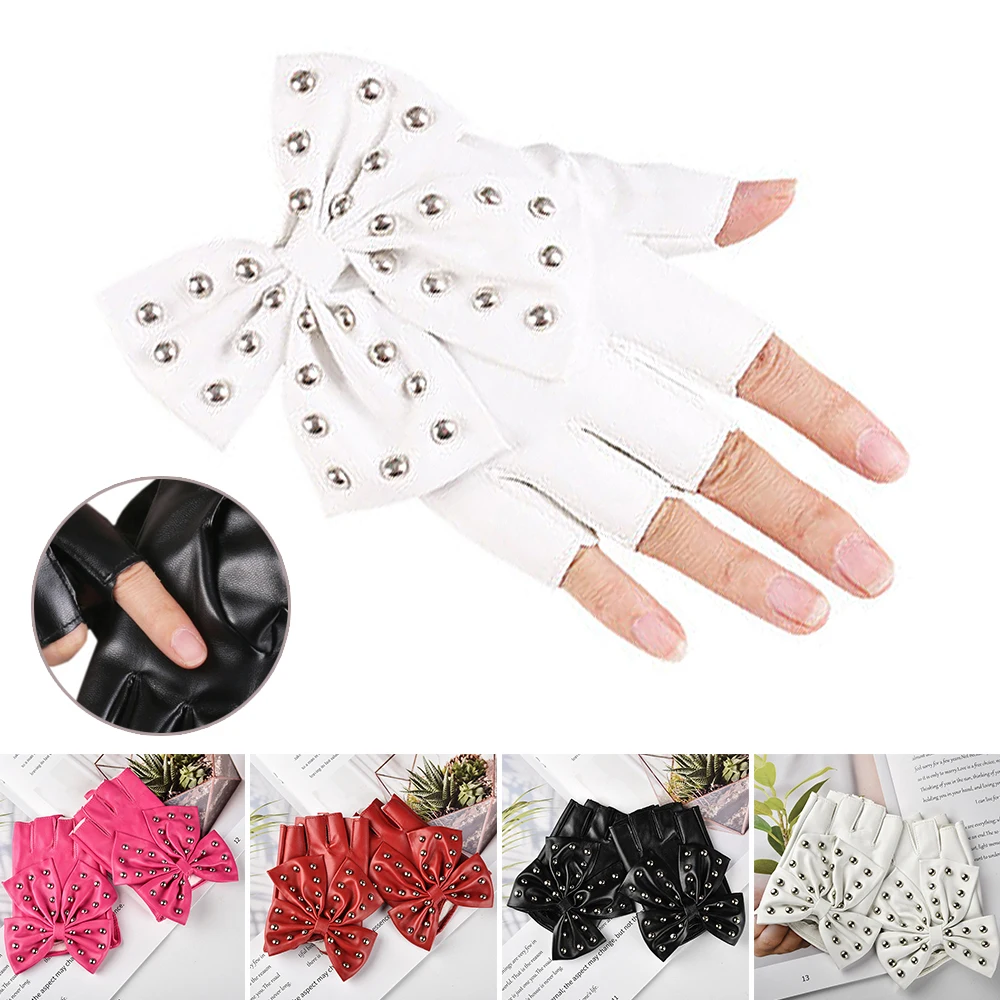 

WarBLade Fashion Fingerless Gloves Women's PU Leather Gloves Ladies Luvas Dancing Party Show Big Bow Rivet Half Finger Mittens